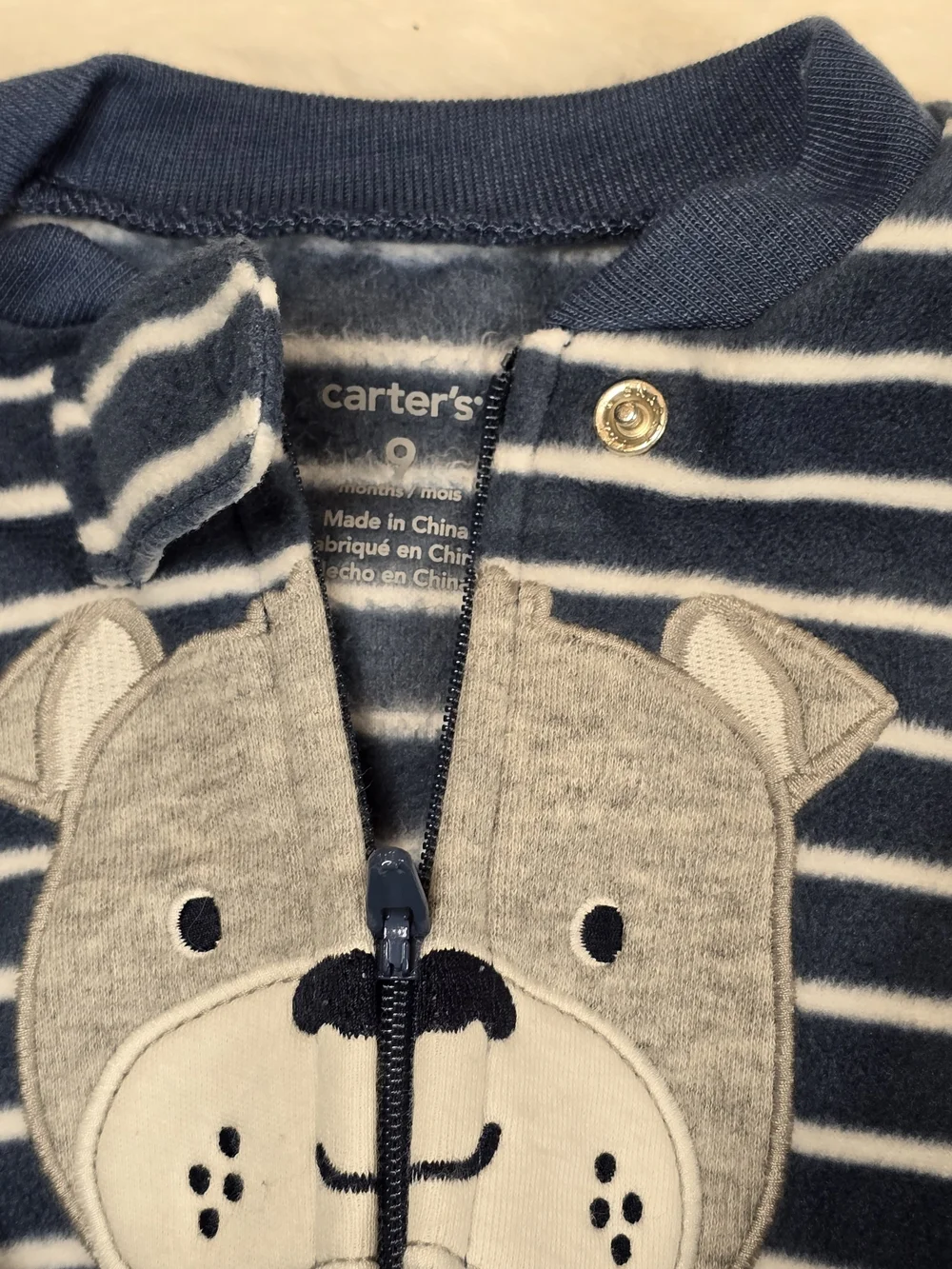 Carter's Navy and White Striped Footed One-Piece Fleece with Bear Patch 9M